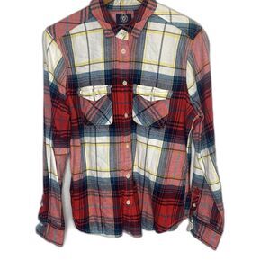 AMERICAN EAGLE Plaid Flannel Shirt Favorite Fit Long Sleeve Womens L Red Blue